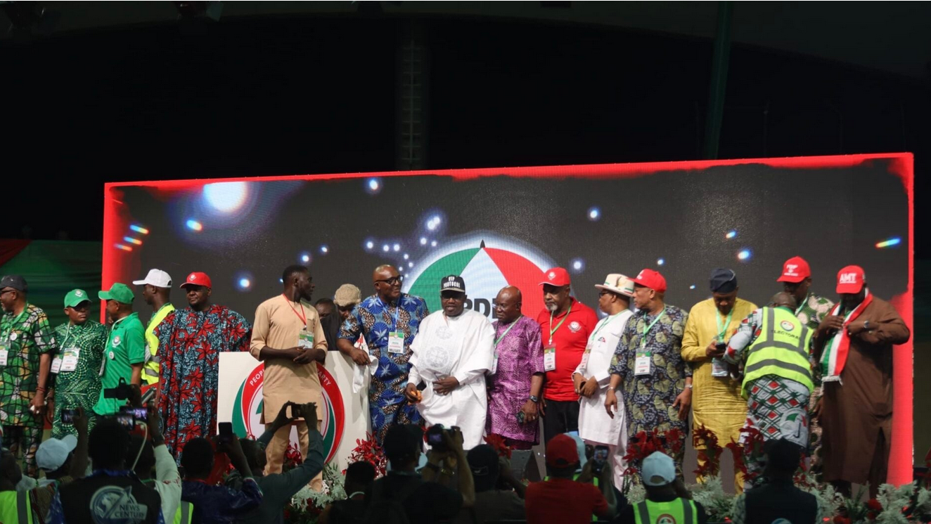 Wike and PDP members at Abuja convention re-electing party leaders